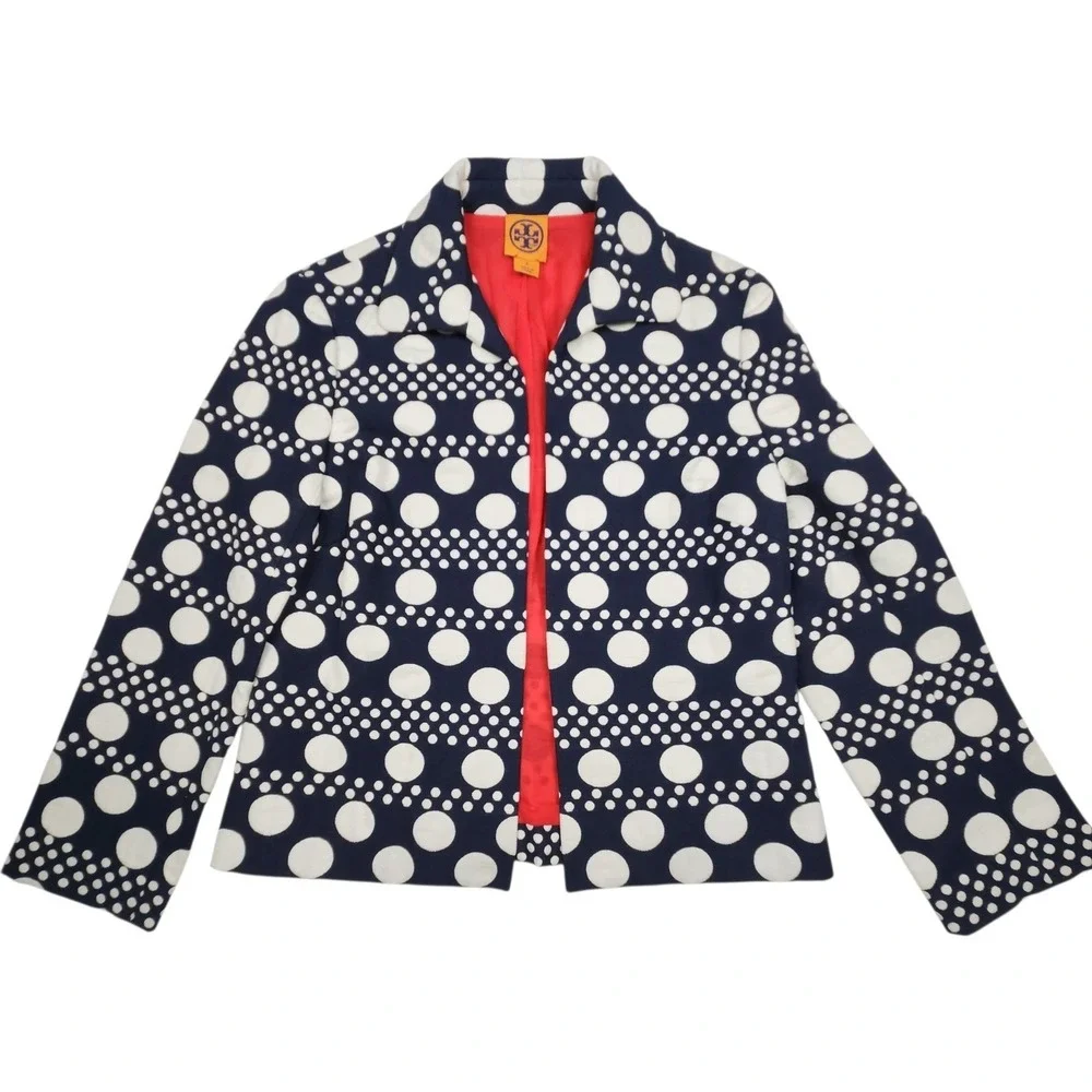 Tory Burch Structured Knit Blazer Jacket Elijah‎ Polka Dot 6 Navy White Cotton